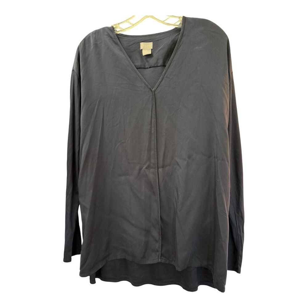 Chicos Tunic Top Size Large 12/14 (2) Navy Blue V Neck Long Sleeve Lightweight